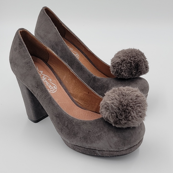 Jeffrey Campbell Shoes - NWOT Jeffrey Campbell Merida Gray Suede Pom Pom Heels, Size 9